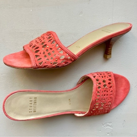 Stuart Weitzman Coral Suede Slide Heeled Sandals w/ Gold Stud Accents Size 6.5 - Picture 1 of 11